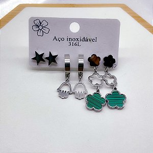 CARTELA TRIO BRINCOS AÇO INOXIDÁVEL TREVO VERDE - PRATEADO
