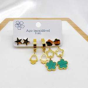 CARTELA TRIO BRINCOS AÇO INOXIDÁVEL TREVO VERDE - DOURADO