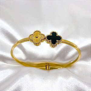 BRACELETE AÇO INOXIDÁVEL TREVO PRETO - DOURADO