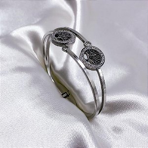 BRACELETE AÇO INOXIDÁVEL ÁRVORE DA VIDA CRAVEJADO STRASS - PRATEADO