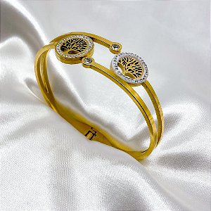 BRACELETE AÇO INOXIDÁVEL ÁRVORE DA VIDA CRAVEJADO STRASS - DOURADO
