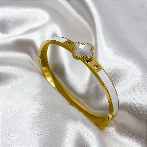 BRACELETE AÇO INOXIDÁVEL TREVO ESMALTADO DOURADO - PEROLADO