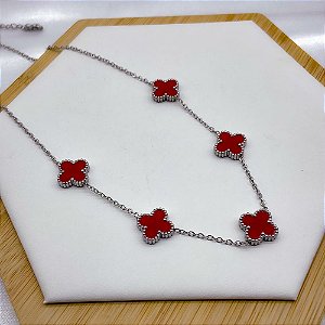 COLAR AÇO INOX 45 CM TREVO PRATEADO - VERMELHO