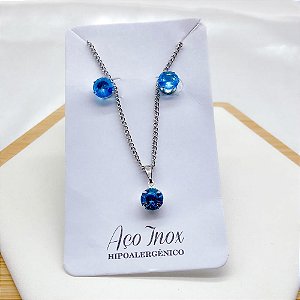 CONJUNTO COLAR E BRINCO AÇO INOX  PINGENTE REDONDO PEDRA AZUL - PRATEADO
