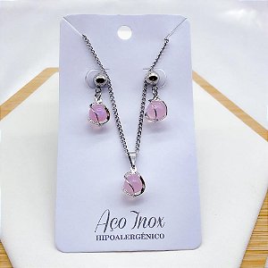 CONJUNTO COLAR E BRINCO AÇO INOX  PINGENTE GLOBO ROSA - PRATEADO