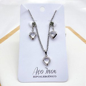CONJUNTO COLAR E BRINCO AÇO INOX  PINGENTE CORAÇÃO CRISTAL - PRATEADO