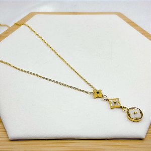 COLAR AÇO INOX 45CM TREVO PEROLADO - DOURADO
