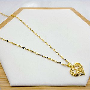 COLAR AÇO INOX 45CM PINGENTE BANHADO CORAÇÃO CRAVEJADO BATIMENTOS - DOURADO