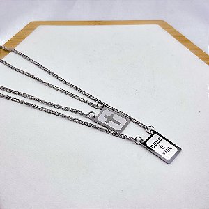 ESCAPULÁRIO AÇO INOX 50CM DEUS É FIEL - PRATEADO
