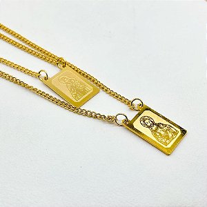 ESCAPULÁRIO AÇO INOX 50CM JESUS E NOSSA SENHORA - DOURADO