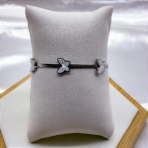 PULSEIRA AÇO INOX FITA MALHA BORBOLETA PEROLADA - PRATEADA
