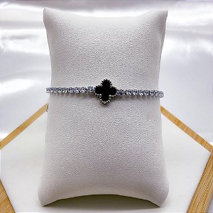 PULSEIRA AÇO INOX RIVIERA TREVO PRETO- PRATEADA