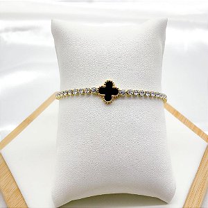 PULSEIRA AÇO INOX RIVIERA TREVO PRETO- DOURADA