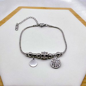PULSEIRA COM BERLOQUES AÇO INOX  REDONDO CRAVEJADO STRASS - PRATEADA