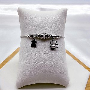 PULSEIRA COM BERLOQUES AÇO INOX  URSINHO CRAVEJADA STRASS - PRATEADA