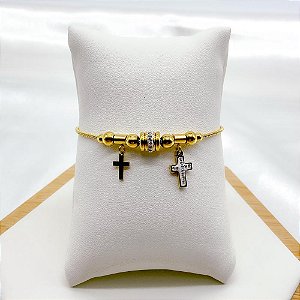 PULSEIRA COM BERLOQUES AÇO INOX  CRUZ CRAVEJADA STRASS - DOURADA