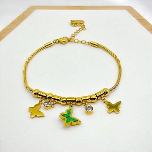 PULSEIRA COM BERLOQUES AÇO INOX  PONTO DE LUZ E BORBOLETA VERDE  - DOURADA