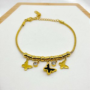 PULSEIRA COM BERLOQUES AÇO INOX  PONTO DE LUZ E BORBOLETA PRETA - DOURADA