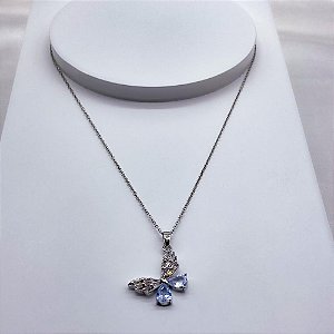 COLAR AÇO INOXIDÁVEL 45CM PINGENTE BORBOLETA PEDRA CRISTAL - PRATEADO