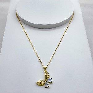 COLAR AÇO INOXIDÁVEL 45CM PINGENTE BORBOLETA PEDRA CRISTAL - DOURADO