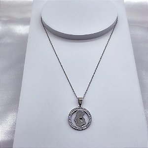 COLAR AÇO INOXIDÁVEL 45CM PINGENTE NOSSA SENHORA CRAVEJADO STRASS - PRATEADO