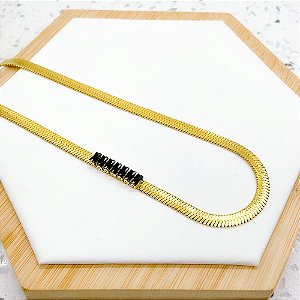 COLAR AÇO INOXIDÁVEL 45CM FITA MALHA PEDRA NAVETE PRETA - DOURADO