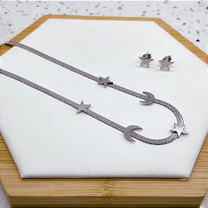 CONJUNTO COLAR FITA MALHA 45CM  E BRINCO AÇO INOXIDÁVEL MEIA LUA E ESTRELA - PRATEADO