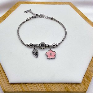 PULSEIRA COM BERLOQUES AÇO INOX  PONTO DE LUZ E FLOR ROSA  - PRATEADA