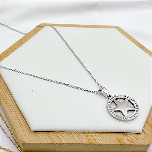 COLAR AÇO INOXIDÁVEL 45CM PINGENTE ESTRELA DE DAVI CRAVEJADO STRASS - PRATEADO