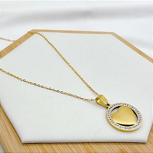 COLAR AÇO INOXIDÁVEL 45CM PINGENTE CORAÇÃO CRAVEJADO STRASS - DOURADO