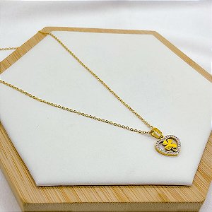 COLAR AÇO INOXIDÁVEL 45CM PINGENTE TREVO CORAÇÃO CRAVEJADO STRASS - DOURADO