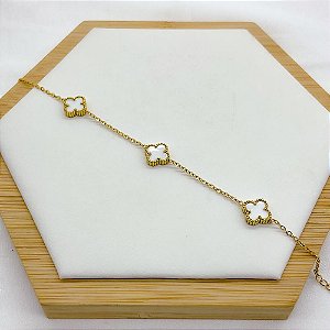 PULSEIRA  AÇO INOX TREVO PEQUENO PEROLADA - DOURADA