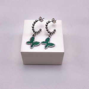 BRINCO  AÇO INOXIDÁVEL MEIA ARGOLA BOLINHAS PINGENTE BORBOLETA VERDE - PRATEADO