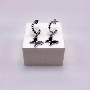 BRINCO  AÇO INOXIDÁVEL MEIA ARGOLA BOLINHAS PINGENTE BORBOLETA PRETA - PRATEADO