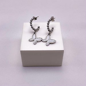 BRINCO  AÇO INOXIDÁVEL MEIA ARGOLA BOLINHAS PINGENTE BORBOLETA MADRÉPEROLA - PRATEADO