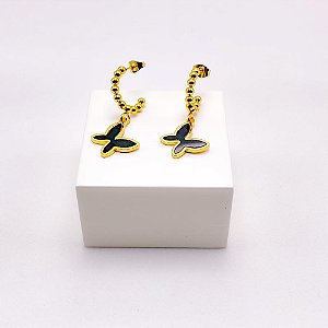 BRINCO  AÇO INOXIDÁVEL MEIA ARGOLA BOLINHAS PINGENTE BORBOLETA PRETA - DOURADO
