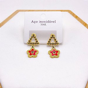 BRINCO  AÇO INOXIDÁVEL LOSANGO BOLINHAS PINGENTE TREVO VERMELHO - DOURADO
