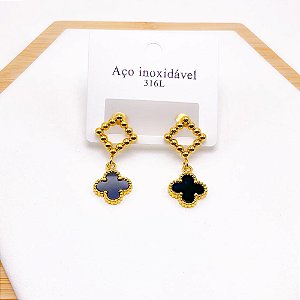 BRINCO  AÇO INOXIDÁVEL LOSANGO BOLINHAS PINGENTE TREVO PRETO - DOURADO