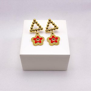 BRINCO  AÇO INOXIDÁVEL TRIÂNGULO BOLINHAS PINGENTE TREVO VERMELHO - DOURADO