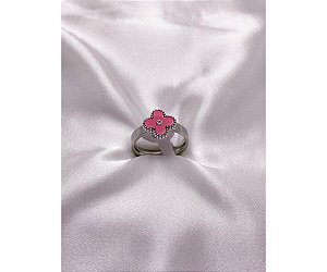 ANEL AÇO INOXIDÁVEL TREVO COM PONTO DE LUZ PRATEADO - ROSA