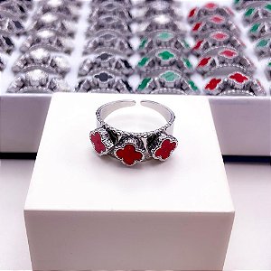 ANEL  AÇO INOXIDÁVEL AJUSTÁVEL TREVO VERMELHO - PRATEADO