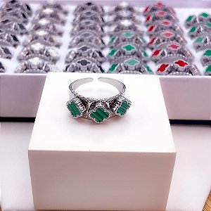 ANEL  AÇO INOXIDÁVEL AJUSTÁVEL TREVO VERDE - PRATEADO