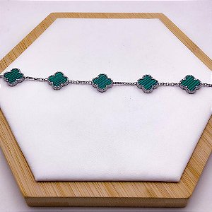 PULSEIRA AÇO INOX TREVO VERDE - PRATEADA
