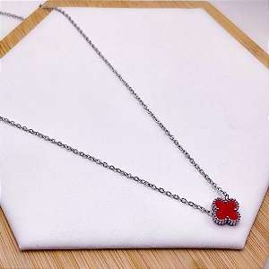 COLAR AÇO INOXIDÁVEL 45CM  TREVO VERMELHO - PRATEADO