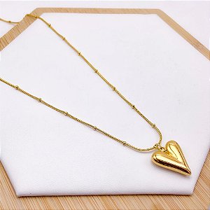 COLAR AÇO INOXIDÁVEL 45CM BOLINHAS PINGENTE CORAÇÃO - DOURADO