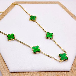 COLAR AÇO INOX 45 CM TREVO DOURADO - VERDE