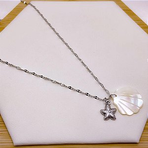 COLAR AÇO INOXIDÁVEL 45CM  CONCHA PEROLADA PRATEADO - ESTRELA DO MAR