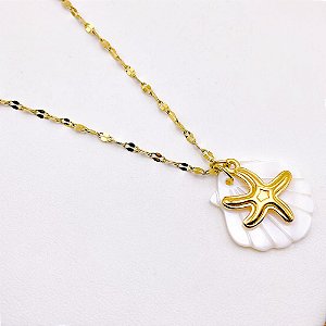 COLAR AÇO INOXIDÁVEL 45CM  CONCHA PEROLADA DOURADO - ESTRELA DO MAR