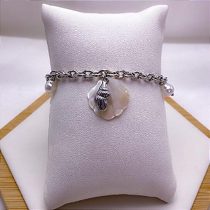 PULSEIRA  AÇO INOX PINGENTE CONCHA PEROLADA E PÉROLAS PRATEADA - CONCHA