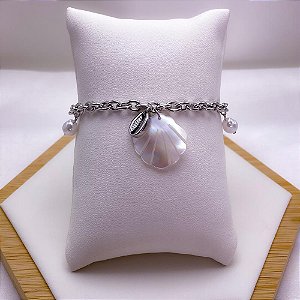 PULSEIRA  AÇO INOX PINGENTE CONCHA PEROLADA E PÉROLAS PRATEADA - BÚZIOS